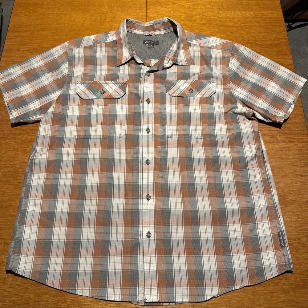Eddie Bauer Button Shirt Red Gray Plaid Vented Short Sleeve Mens Size XL Fishing